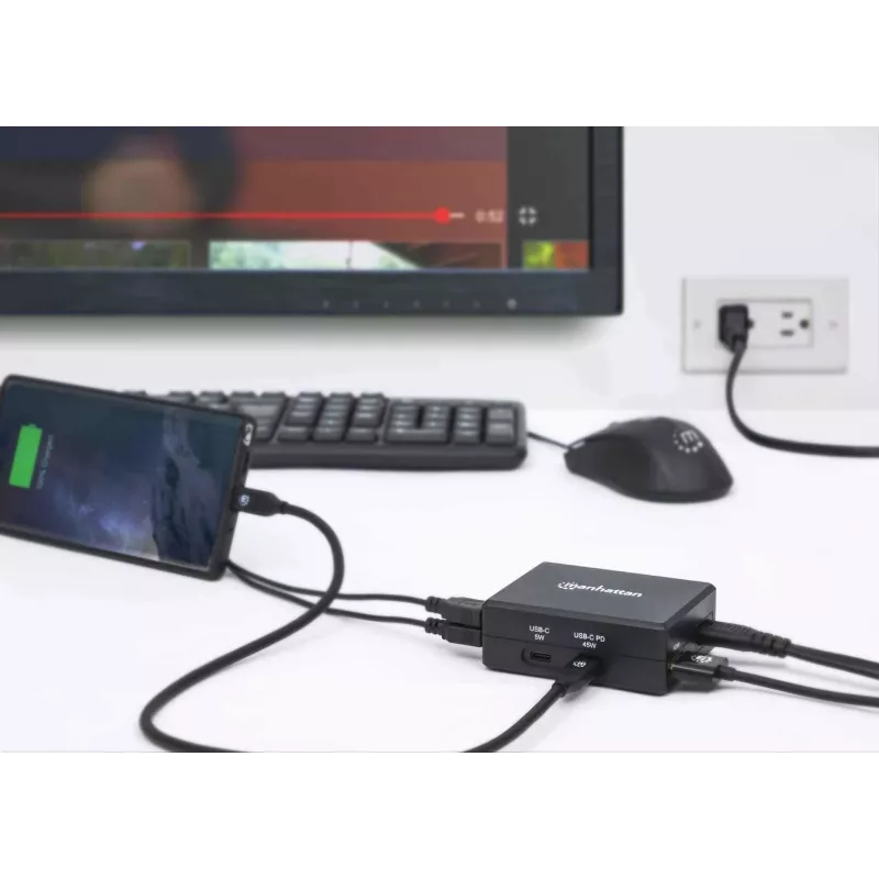 Manhattan Smart Video Multiport Dock, konektory (x5): HDMI konektor, USB-A (x2), USB-C (x2), s Power Delivery pre USB-C konektor, interné napájanie, ultrakompaktný, odnímateľný napájací kábel, čierna, trojročná záruka, maloobchodná krabica