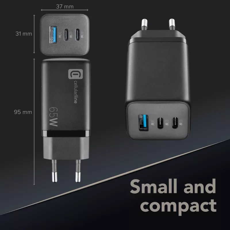 Cellularline Multipower Micro 65W ultra kompaktná 65W rýchlonabíjačka s 3 konektormi
