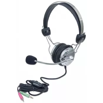 Manhattan stereo over-ear headset (3,5 mm), vystlaný držiak mikrofónu, nastaviteľný oceľový mostík, inline regulácia hlasitosti, náušníky, štandard 2x 3,5 mm stereo jack/konektor samec pre audio/mikrofón, 2,5 m kábel, 3 roky záruka