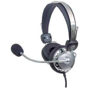 Manhattan stereo over-ear headset (3,5 mm), vystlaný držiak mikrofónu, nastaviteľný oceľový mostík, inline regulácia hlasitosti, náušníky, štandard 2x 3,5 mm stereo jack/konektor samec pre audio/mikrofón, 2,5 m kábel, 3 roky záruka