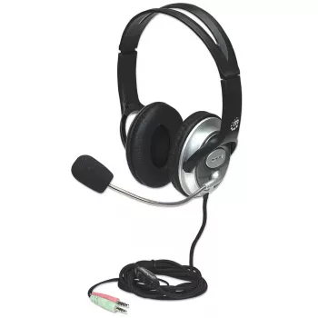 Manhattan stereo over-ear headset (3,5 mm), držiak mikrofónu (vystlaný), nastaviteľný oceľový mostík, káblový ovládač na reguláciu hlasitosti, náušníky, štandardne 2x 3,5 mm stereo jack konektor samec pre audio/mikrofón, kábel 2,5 m, 3 roky záruka