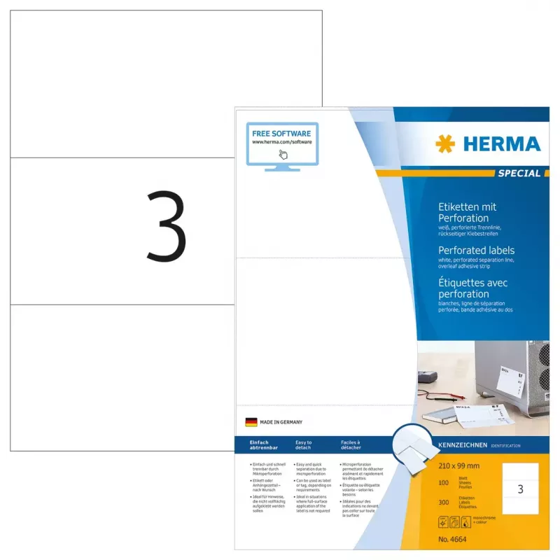 Samolepiaca tlačová etiketa HERMA 4664 A4 210x99 mm biela perforovaná papier matný 300 kusov