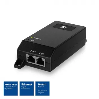 ACT Gigabit PoE+ (30W) injektor, Gigabit Ethernet, 10,100,1000 Mbit/s, IEEE 802.3, IEEE 802.3ab, IEEE 802.3af, IEEE 802.3at, IEEE 802.3u, čierna, 30 V, 100 - 240 V