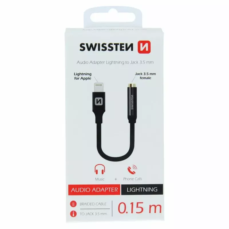 Audio adaptér SWISSTEN Lightning na 3,5 mm jack SW-LIGHT-3.5MM-BK, kábel 0,15 m, čierny
