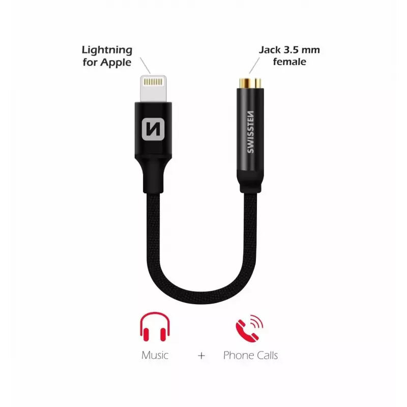 Audio adaptér SWISSTEN Lightning na 3,5 mm jack SW-LIGHT-3.5MM-BK, kábel 0,15 m, čierny