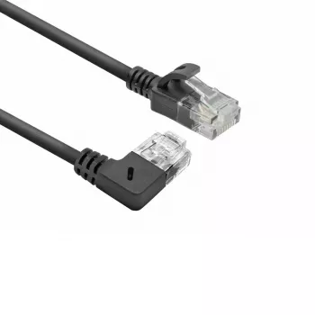 ACT čierny 2 metre U/UTP CAT6A LSZH Slimline patch kábel s RJ45 konektormi, 90° zahnutý vpravo na rovný