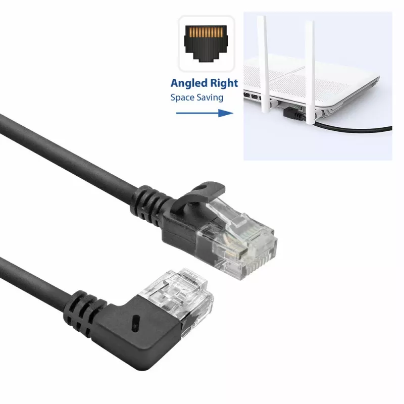 ACT čierny 0,15 metra U/UTP CAT6A LSZH Slimline patch kábel s RJ45 konektormi 90° zahnutý vpravo na rovný