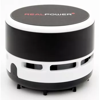 Ručný vysávač RealPower Mini Hoover-1 — na batérie, suché vysávanie, bez vrecka, AA batérie, 90 min výdrž, čierna/biela
