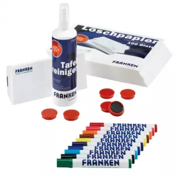 Sada príslušenstva Franken Starter Sets 04 sprej na čistenie tabule, savý papier, guma na tabuľu, fixka na tabuľu