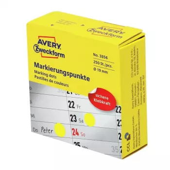 Samolepiaca okrúhla etiketa Avery Zweckform 3856 — žltá, permanentné lepidlo, 1,9 cm, 250 ks