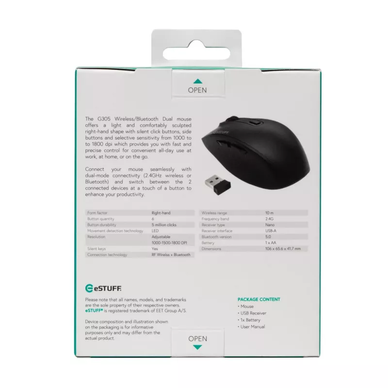 eSTUFF GLB214002 myš kancelárska pre pravákov RF Wireless + Bluetooth IR-LED 1800 DPI