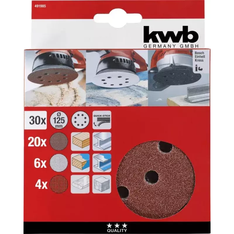 Sada brúsnych kotúčov kwb Quick-stick 30 ks 11,5 cm korund