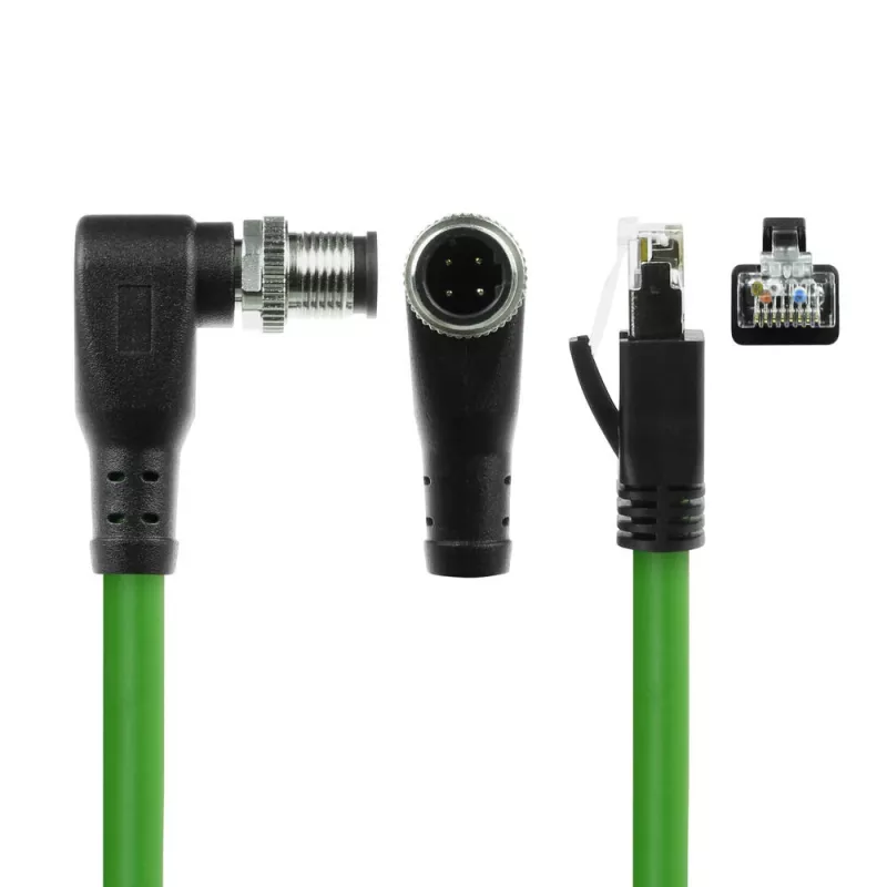ACT Industrial 1,50 m senzorový kábel M12D 4-pin konektor samec pravouhlý na RJ45 konektor samec, Superflex Xtreme TPE kábel, tienený