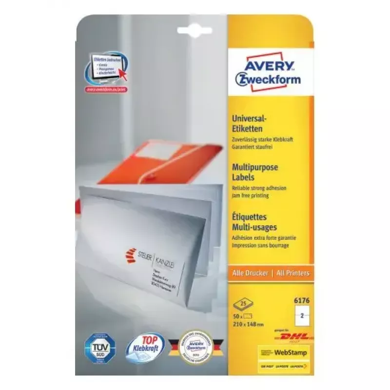 Hárky etikiet Avery Zweckform model 6176 – tlačiteľné hárky 210 × 148 mm, balenie