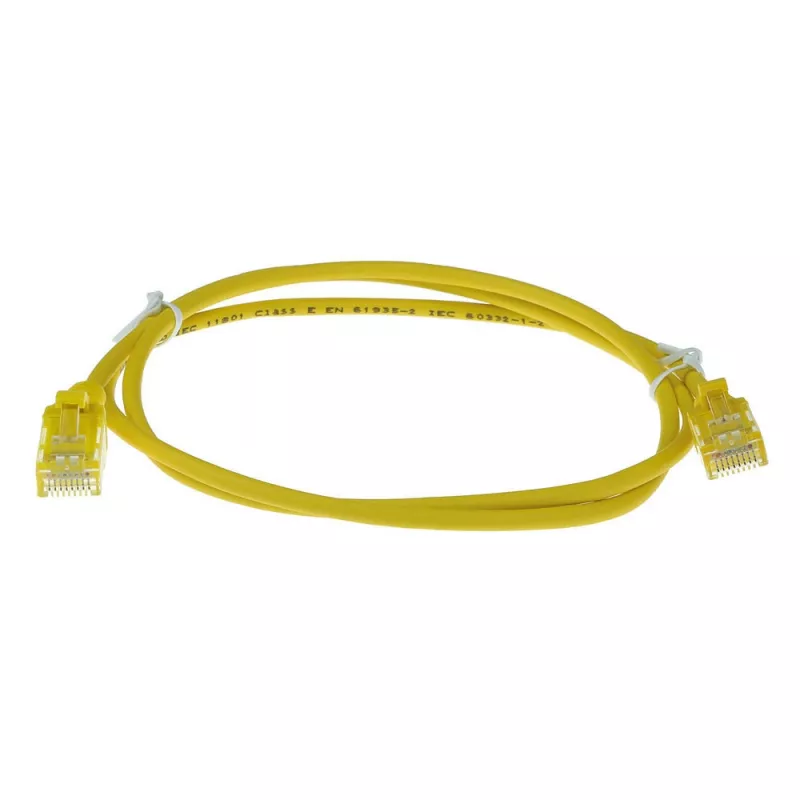 ACT žltý 10 metrov LSZH U/UTP CAT6 datacentrum Slimline patch kábel bez zaistenia s RJ45 konektormi