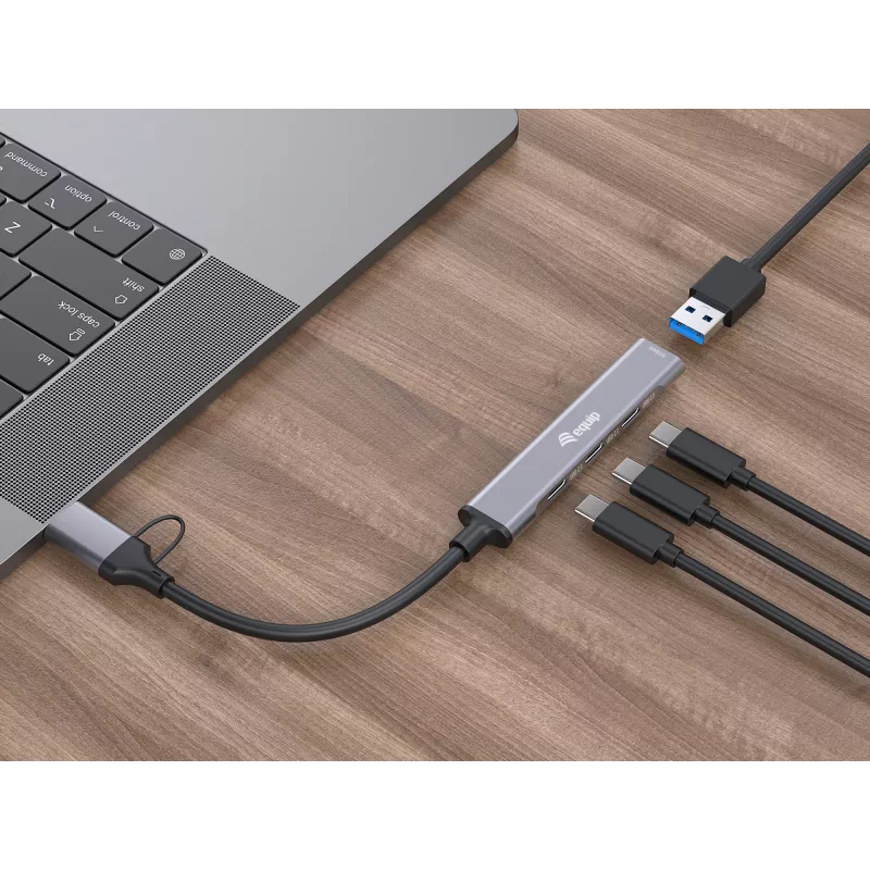 USB 3.2 Gen 1 4-port hub EQUIP — 3× USB‑C + 1× USB‑A, 5 Gbit/s, hliník, sivý