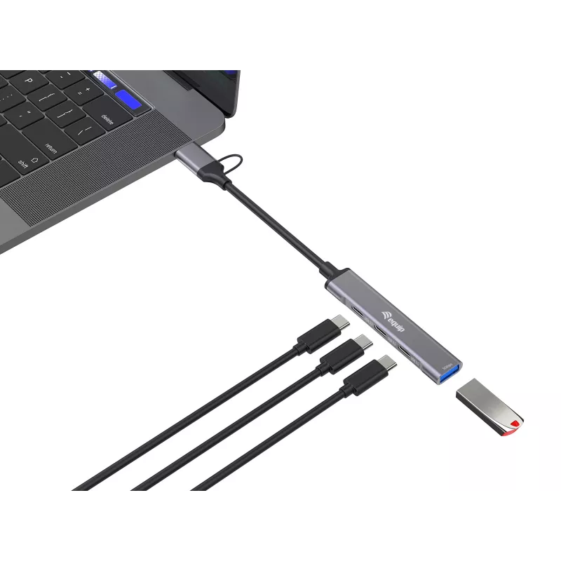 USB 3.2 Gen 1 4-port hub EQUIP — 3× USB‑C + 1× USB‑A, 5 Gbit/s, hliník, sivý