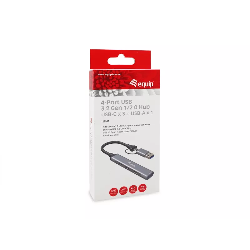 USB 3.2 Gen 1 4-port hub EQUIP — 3× USB‑C + 1× USB‑A, 5 Gbit/s, hliník, sivý