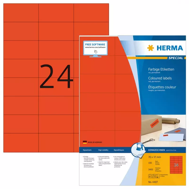 Etikety HERMA farebné A4 70x37 mm červená papier matný 2400 ks