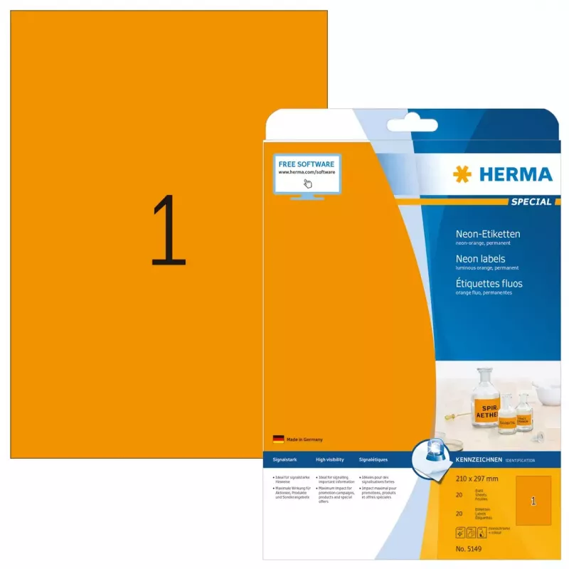 Neónové etikety HERMA A4 210x297 mm žiarivo oranžová papier matný 20 ks