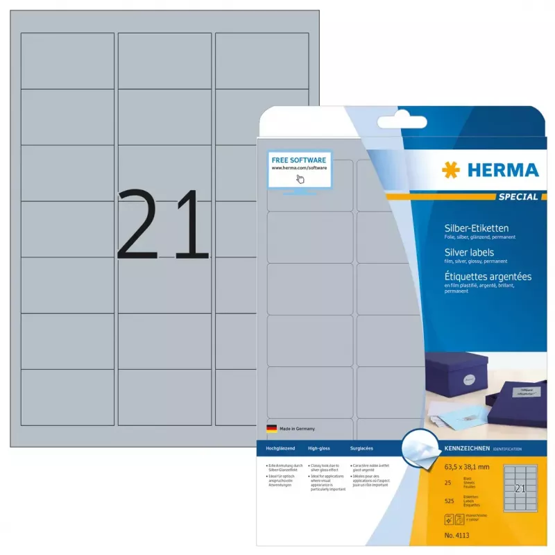 Samolepiaca tlačová etiketa HERMA Labels A4 63,5x38,1 mm strieborná fólia lesklá
