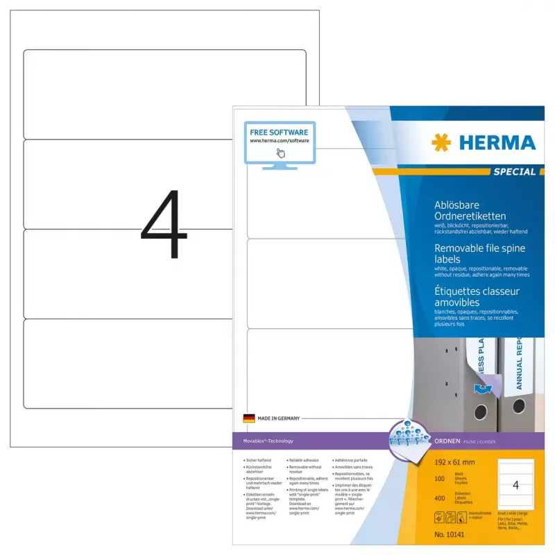 Odnímateľné etikety na chrbát šanónu HERMA 10141 A4 192x61 mm biele