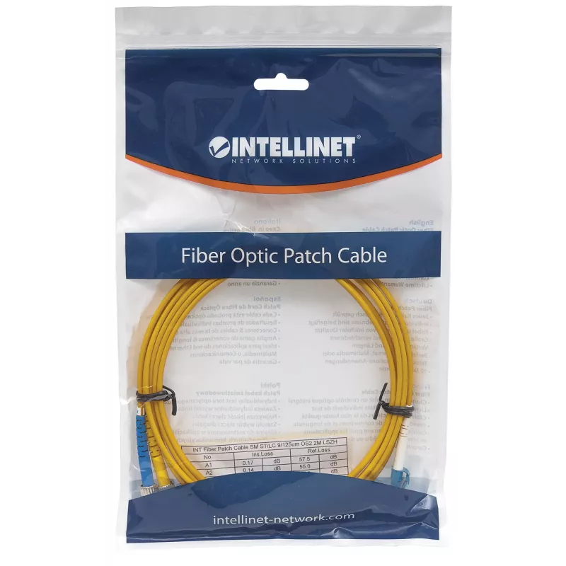 Intellinet optický patch kábel, OS2, LC/ST, 5 m, žltý, duplex, singlemode, 9/125 µm, LSZH, optické vlákno, doživotná záruka