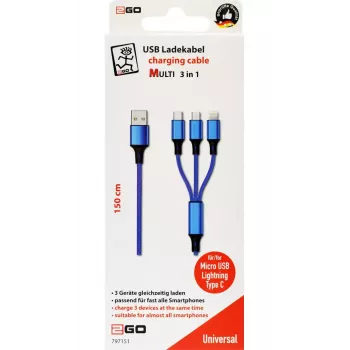 USB kábel 2GO 797151 1,5 m USB-B USB-C/Micro-USB-B/Lightning čierna modrá