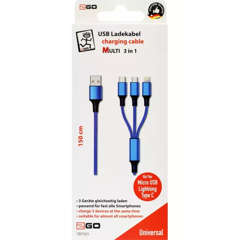 USB kábel 2GO 797151 1,5 m USB-B USB-C/Micro-USB-B/Lightning čierny modrý