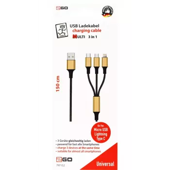 USB kábel 2GO 797152 3m USB B USB C/Micro-USB B/Lightning čierna zlatá