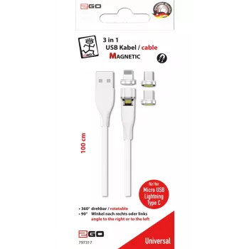USB kábel 2GO 797317 1m USB B USB C/Micro-USB B/Lightning biela
