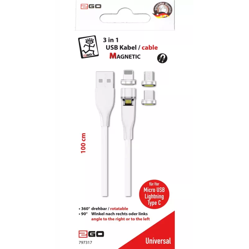 USB kábel 2GO 797317 1m USB B USB C/Micro-USB B/Lightning biely