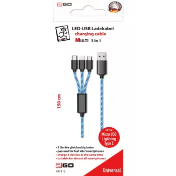 USB kábel 2GO 797315 1,5m USB B USB C/Micro-USB B/Lightning čierna modrá