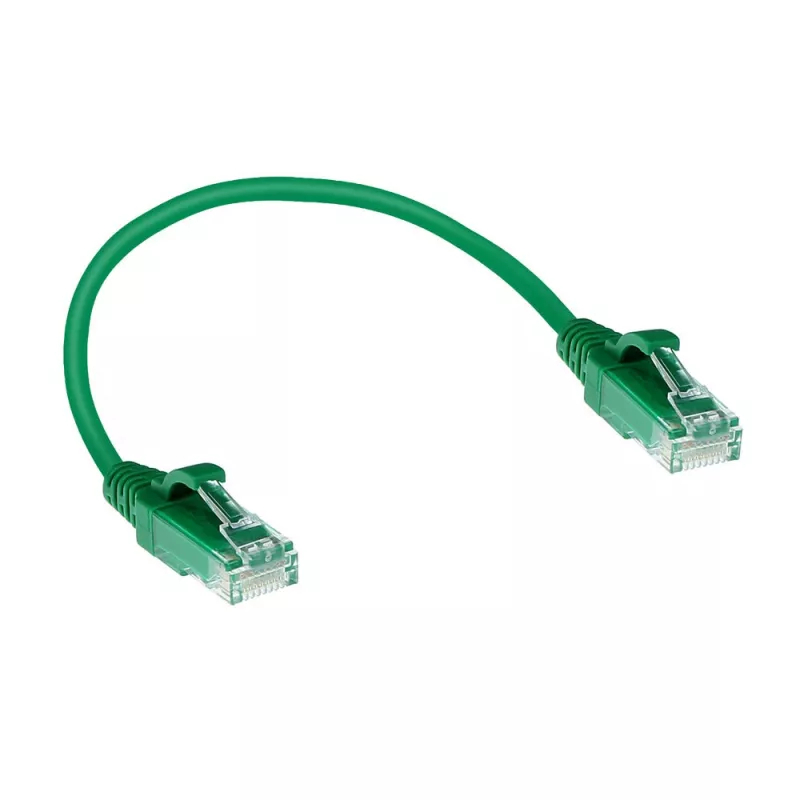 ACT zelený 0,15 m LSZH U/UTP CAT6 slimline patch kábel do datacentra s RJ45 konektormi bez aretácie