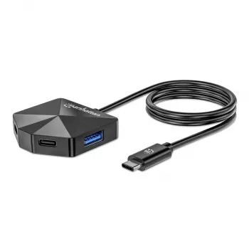 Manhattan USB-C & USB-A combo dock/hub, porty (4): USB-A (x2) a USB-C (x2), 5 Gbit/s (USB 3.2 Gen1 známy aj ako USB 3.0), zahnutý tvar pre jednoduchý prístup k portom, napájaný cez USB (nie je potrebný externý napájací zdroj)