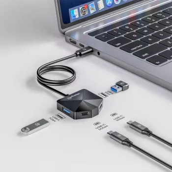 Manhattan USB-C & USB-A combo dock/hub, porty (4): USB-A (x2) a USB-C (x2), 5 Gbit/s (USB 3.2 Gen1 známy aj ako USB 3.0), zahnutý tvar pre jednoduchý prístup k portom, napájaný cez USB (nie je potrebný externý napájací zdroj)