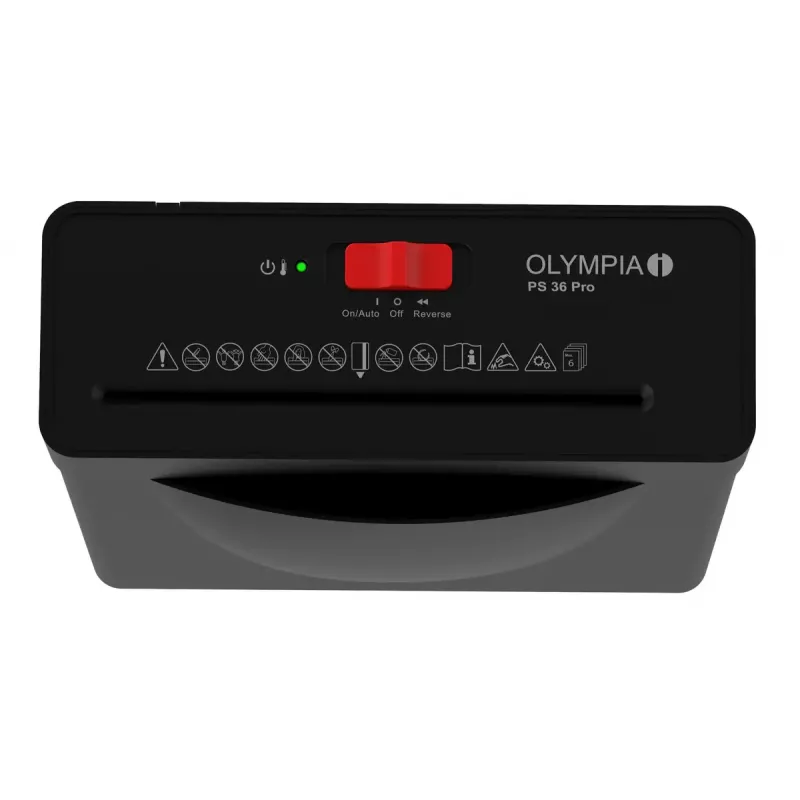 Skartovačka Olympia PS 36 Pro — pásikový rez, 8-litrový záchytný kôš, 72 dB, čierna