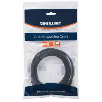 Intellinet sieťový patch kábel, Cat6, 2 m, čierny, CCA, U/UTP, PVC, RJ45, pozlátené kontakty, ochrana západky, ochranná manžeta proti zlomeniu, doživotná záruka