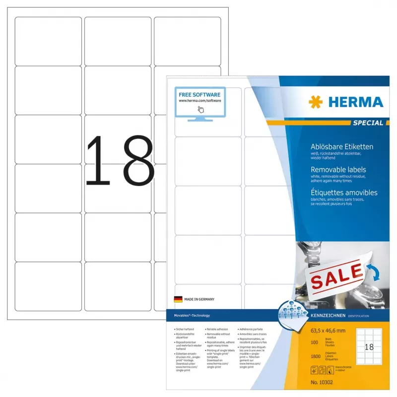 Odnímateľné etikety HERMA A4 63,5x46,6 mm 1800 kusov