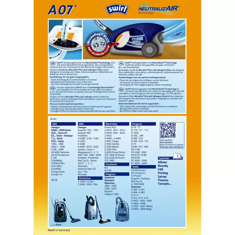Vrecká do vysávača Swirl A 07 NeutralizAir valcový vysávač