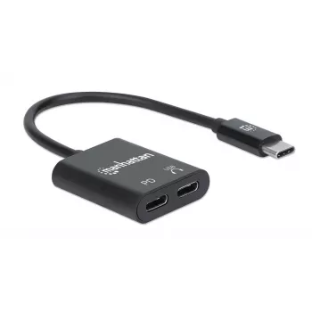 Manhattan USB-C na USB-C audio adaptér a USB-C (vrátane Power Delivery), čierny, 480 Mbit/s (USB 2.0), kábel 11cm, s Power Delivery na USB-C port (60W), tri roky záruka