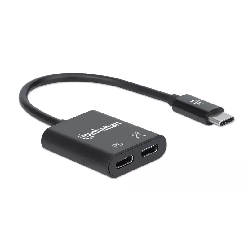 Manhattan USB-C na USB-C audio adaptér a USB-C (vrátane Power Delivery), čierny, 480 Mbit/s (USB 2.0), kábel 11cm, s Power Delivery na USB-C port (60W), tri roky záruka