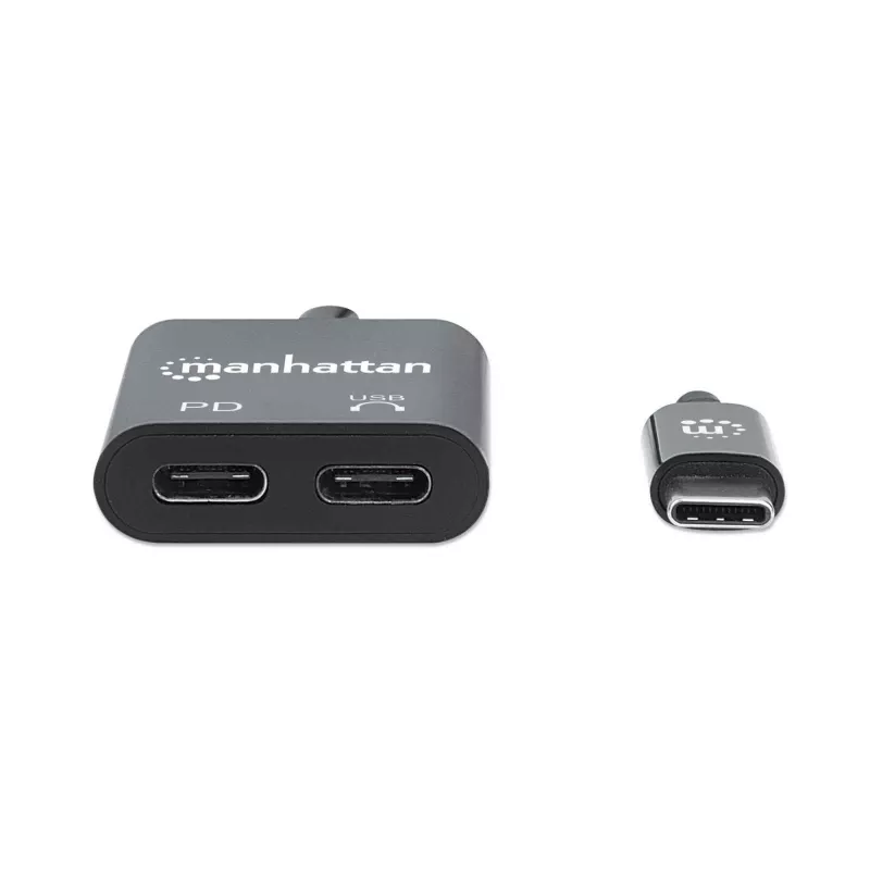 Manhattan USB-C na USB-C audio adaptér a USB-C (vrátane Power Delivery), čierny, 480 Mbit/s (USB 2.0), kábel 11cm, s Power Delivery na USB-C port (60W), tri roky záruka