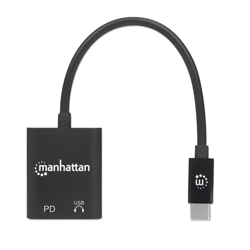 Manhattan USB-C na USB-C audio adaptér a USB-C (vrátane Power Delivery), čierny, 480 Mbit/s (USB 2.0), kábel 11cm, s Power Delivery na USB-C port (60W), tri roky záruka