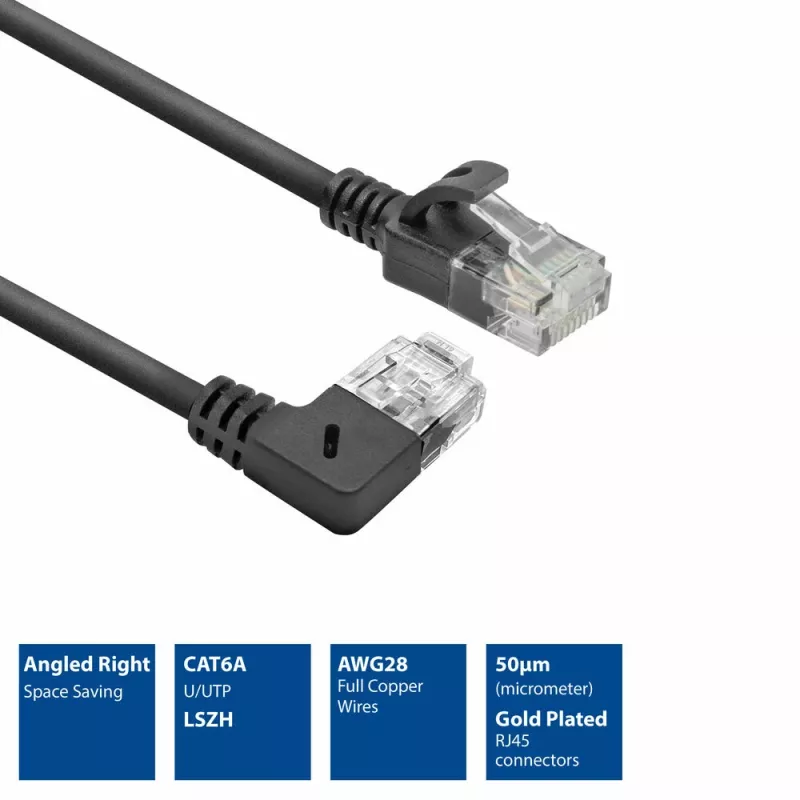 ACT čierny 1 meter U/UTP CAT6A LSZH Slimline patch kábel s RJ45 konektormi 90° pravouhlý na rovný