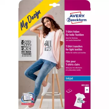 Fólie na žehlenie pre atramentové tlačiarne Avery Zweckform MD1001 — polypropylén A4 210×297 mm, biela, svetlé farby, balenie 5 ks