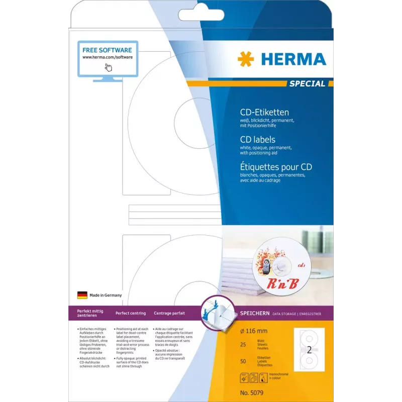 HERMA 5079 Special etikety na CD/DVD, Ø 166 mm, permanentné, matné, nepriehľadné, biely papier, 50 ks (25 hárkov x 2)