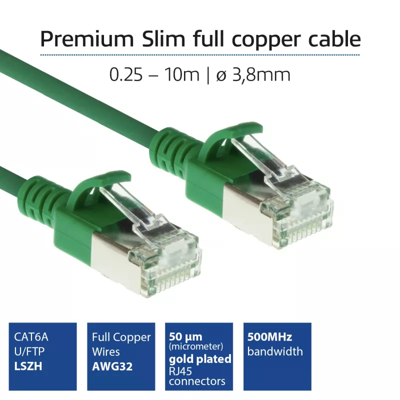 ACT zelený 3 metre LSZH U/FTP CAT6A DataCenter Slimline patch kábel s RJ45 konektormi