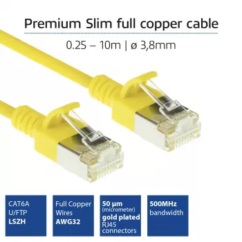 ACT žltý 2 metre LSZH U/FTP CAT6A DataCenter Slimline patch kábel s ochranou proti zaseknutiu a RJ45 konektormi