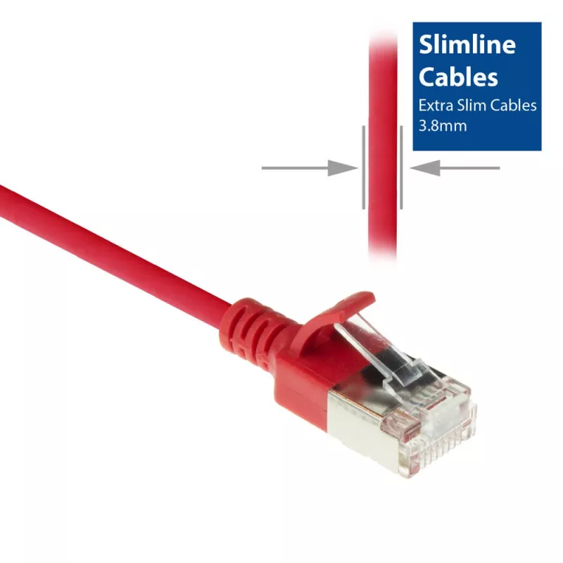 ACT červený 10 m LSZH U/FTP CAT6A slimline patch kábel pre dátové centrum s RJ45 konektormi